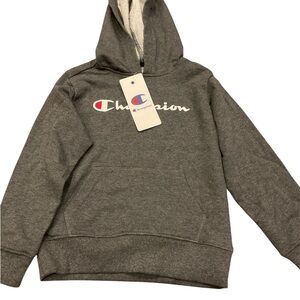 Champion Kids Granite Heather Grey Script Logo Fleece Hoodie XS 5/6 NEW